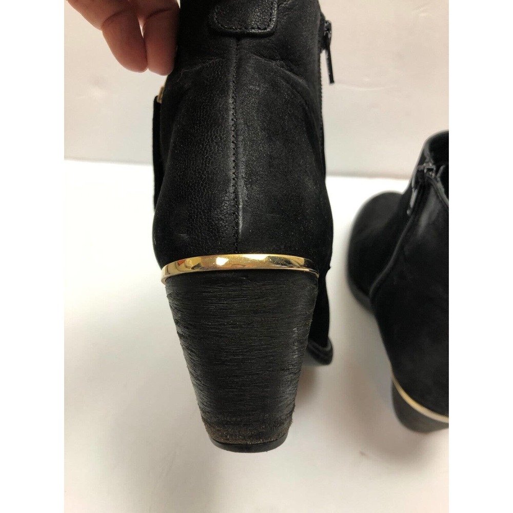 Steve Madden Boots Black Suede Leather Bootie Wood Block Heel 7.5 Gold‎ Details - Picture 6 of 11